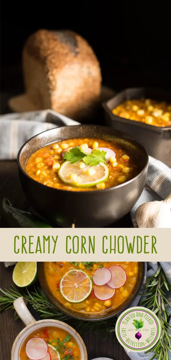 creamy corn chowder in bowls with bread in background