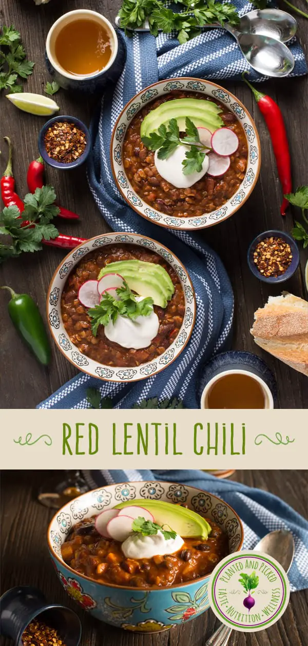 red lentil chili in bowls next to bread and chilis