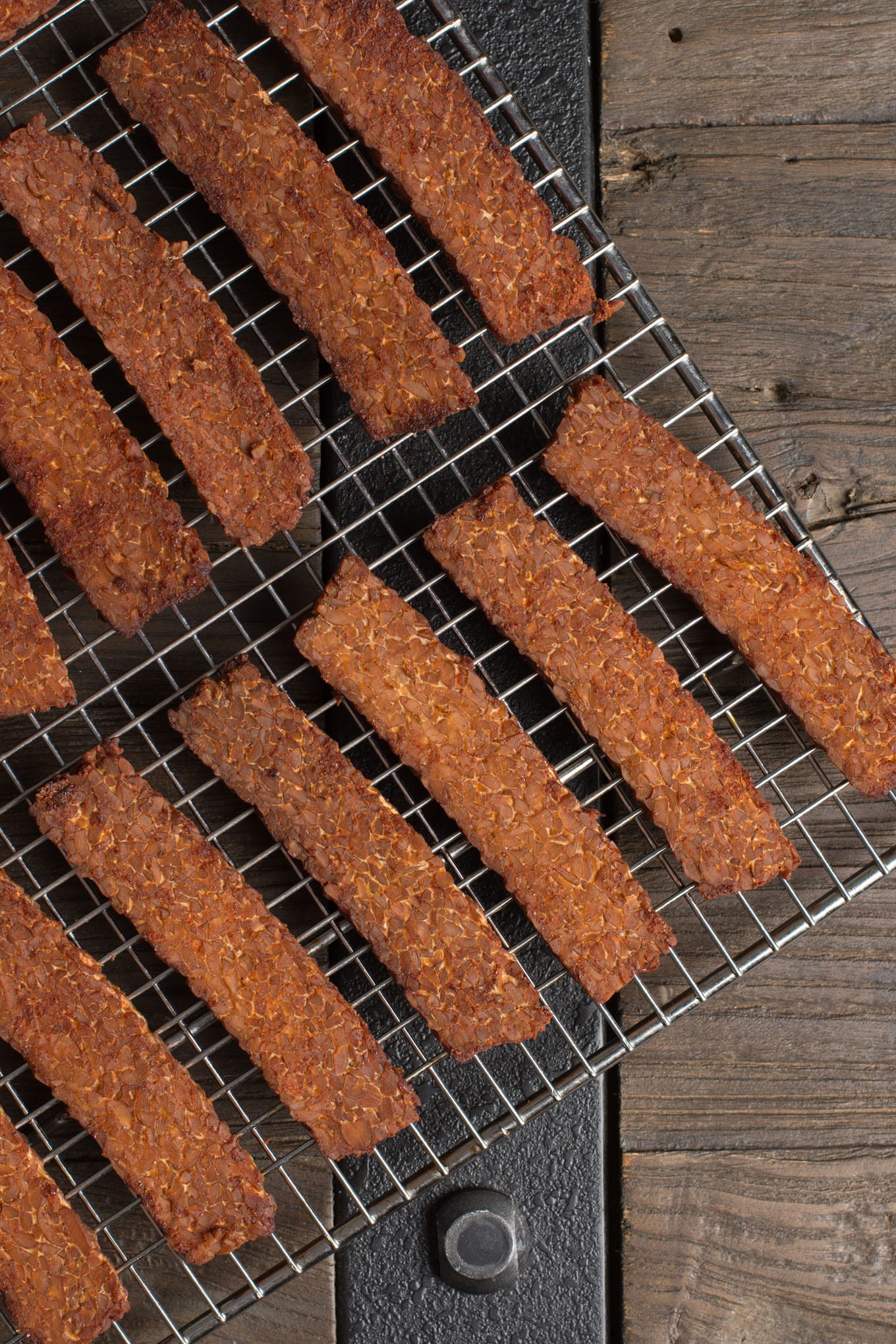 tempeh bacon on cooling rack