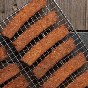 Baked Tempeh Bacon Strips - Planted and Picked