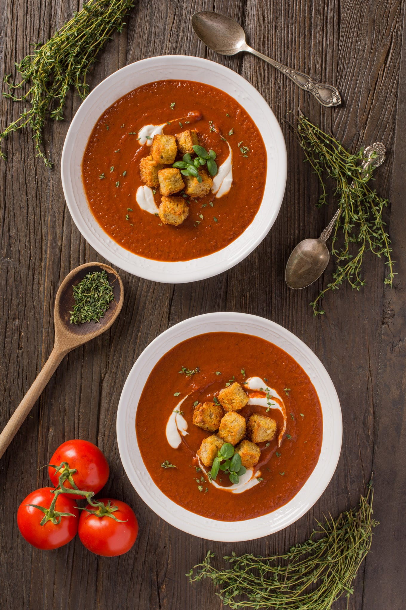 Fire Roasted Tomato Soup With Garlic Croutons Planted And Picked