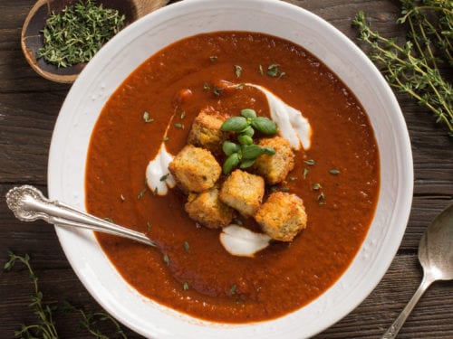 Fire Roasted Tomato Soup With Garlic Croutons Planted And Picked