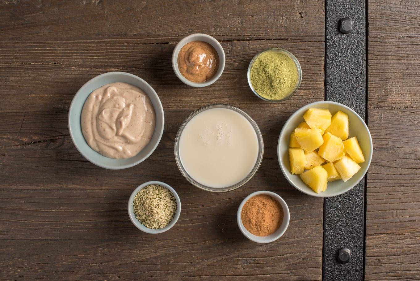 smoothie ingredients in bowls