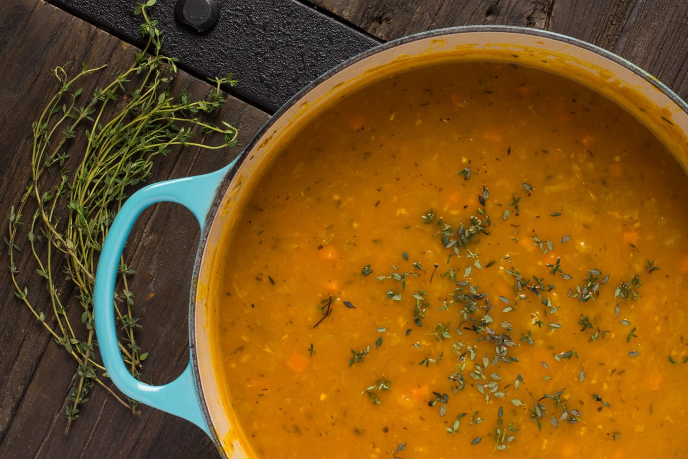 roasted squash and pear soup ready for blending