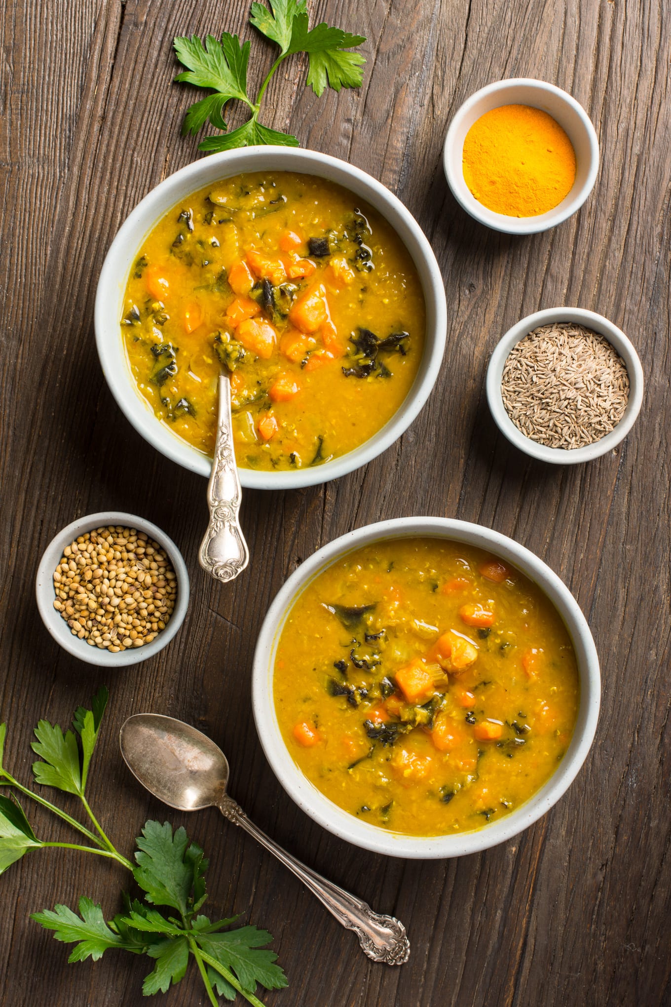 spiced red lentil soup in bowls