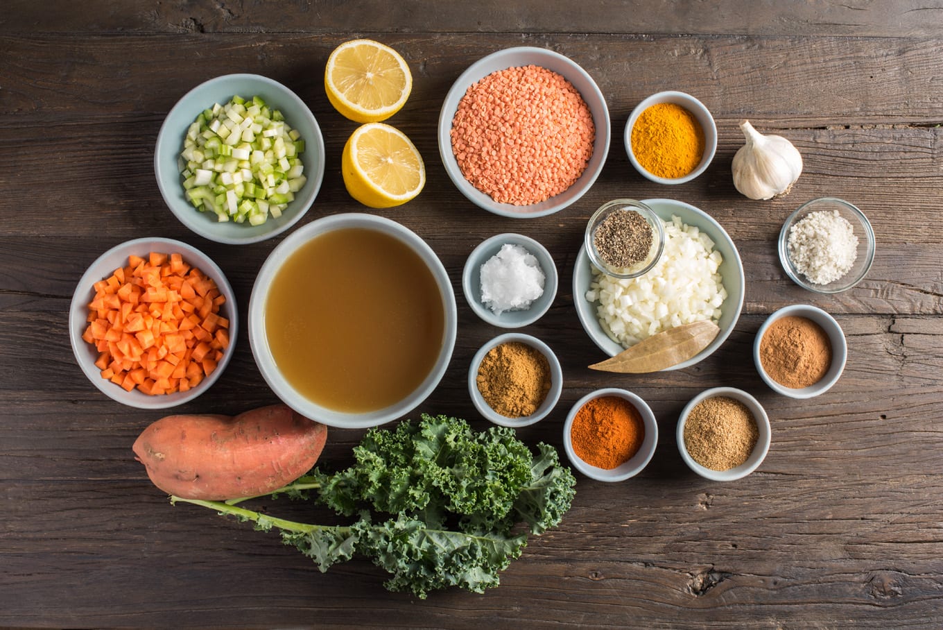 soup ingredients in bowls