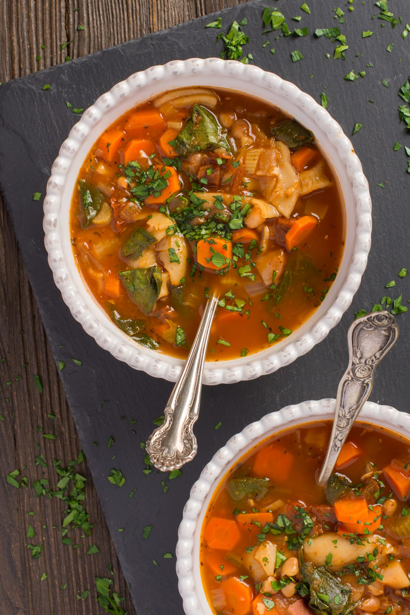 classic Italian minestrone soup in bowls