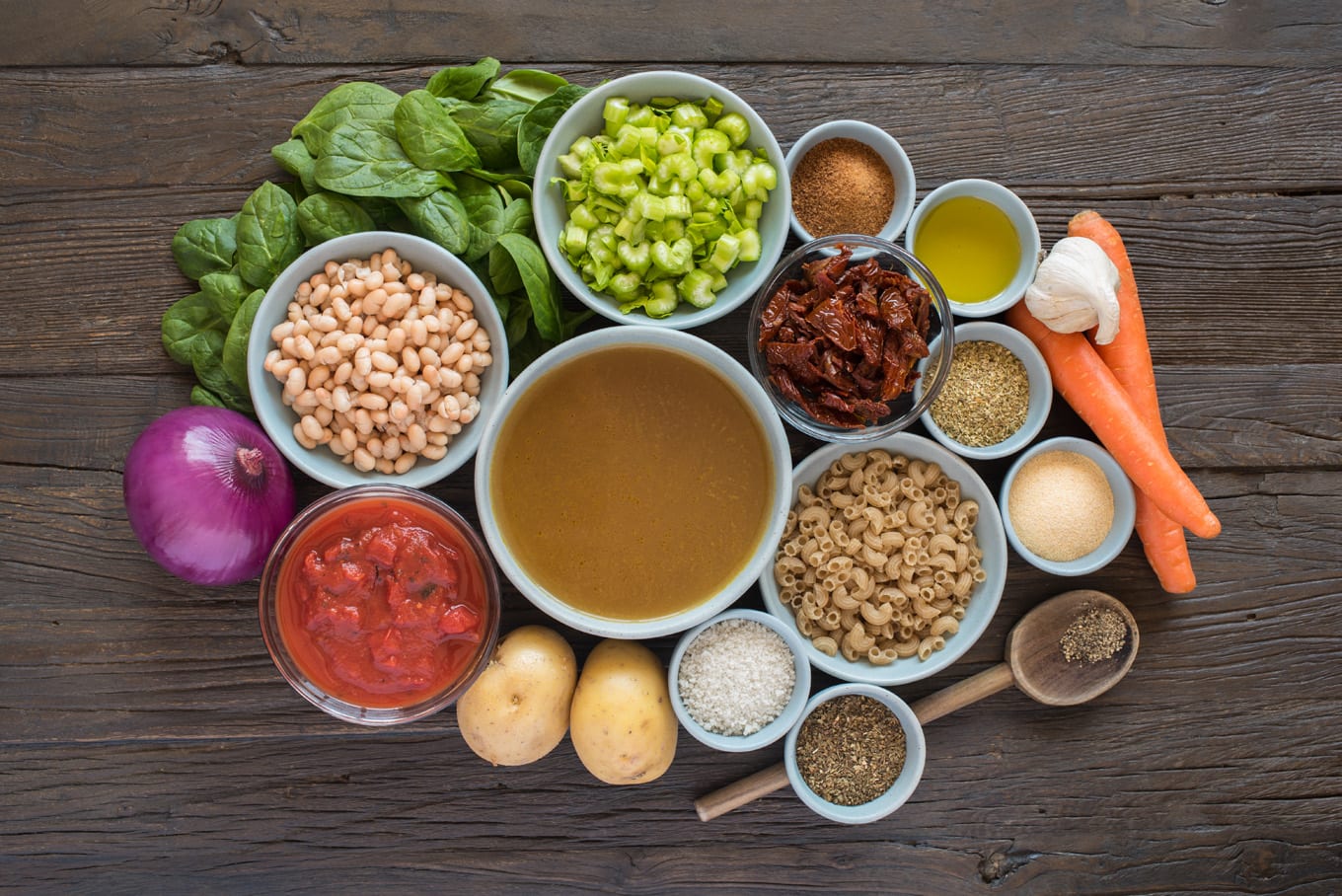 soup ingredients in bowls