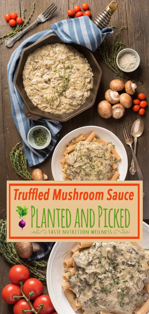 truffled mushroom sauce on pasta in bowl and pan