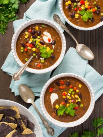 black bean soup in 3 bowls