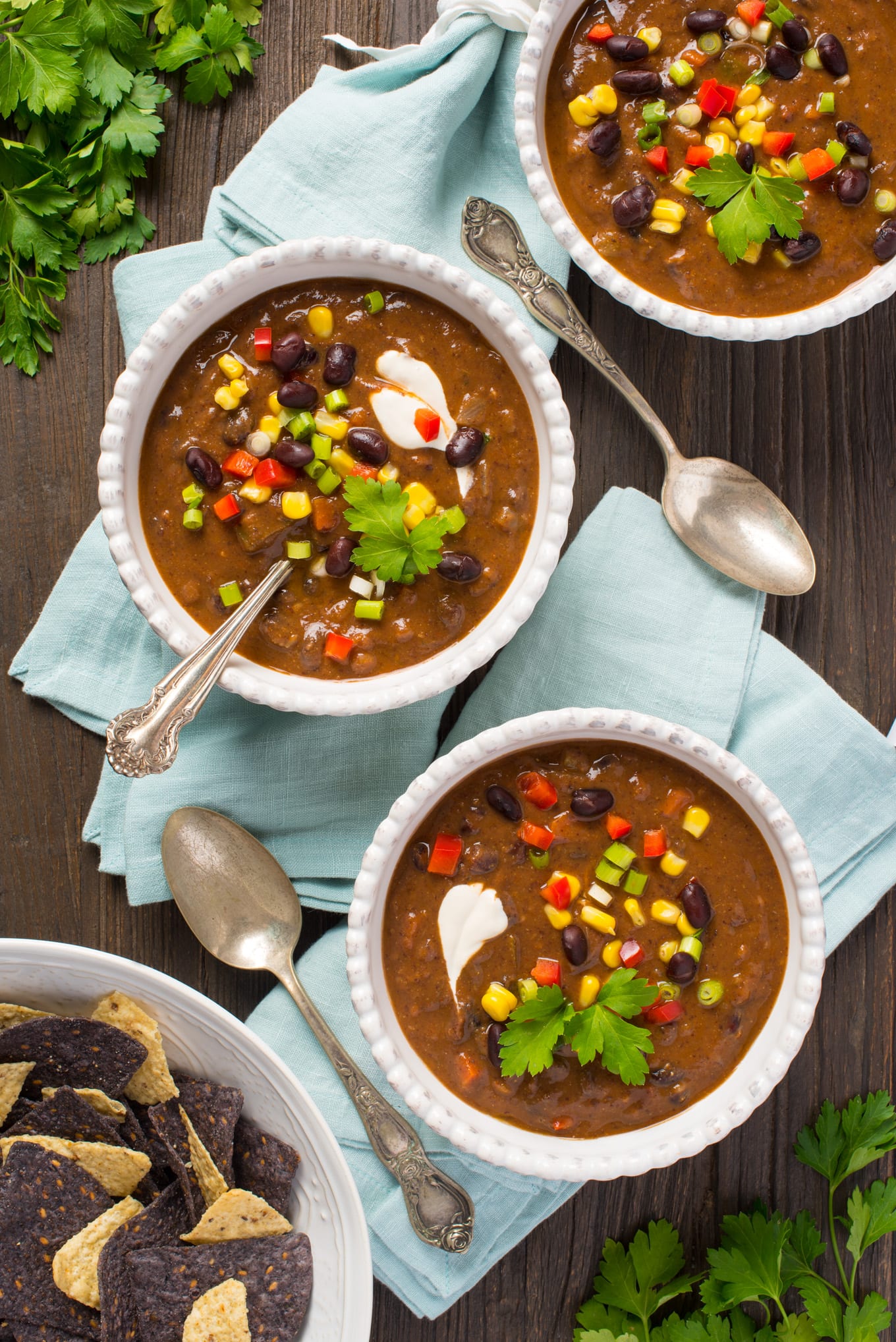 black bean soup in 3 bowls