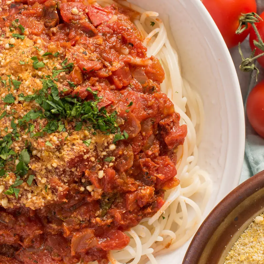 pasta with marinara sauce in bowl