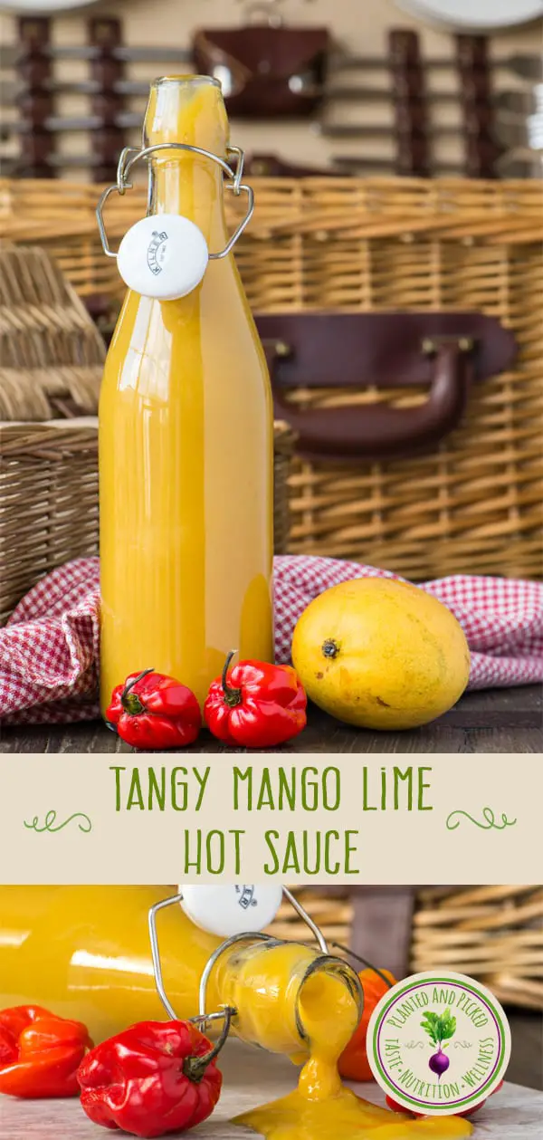 tangy mango lime hot sauce in bottles Pinterest image