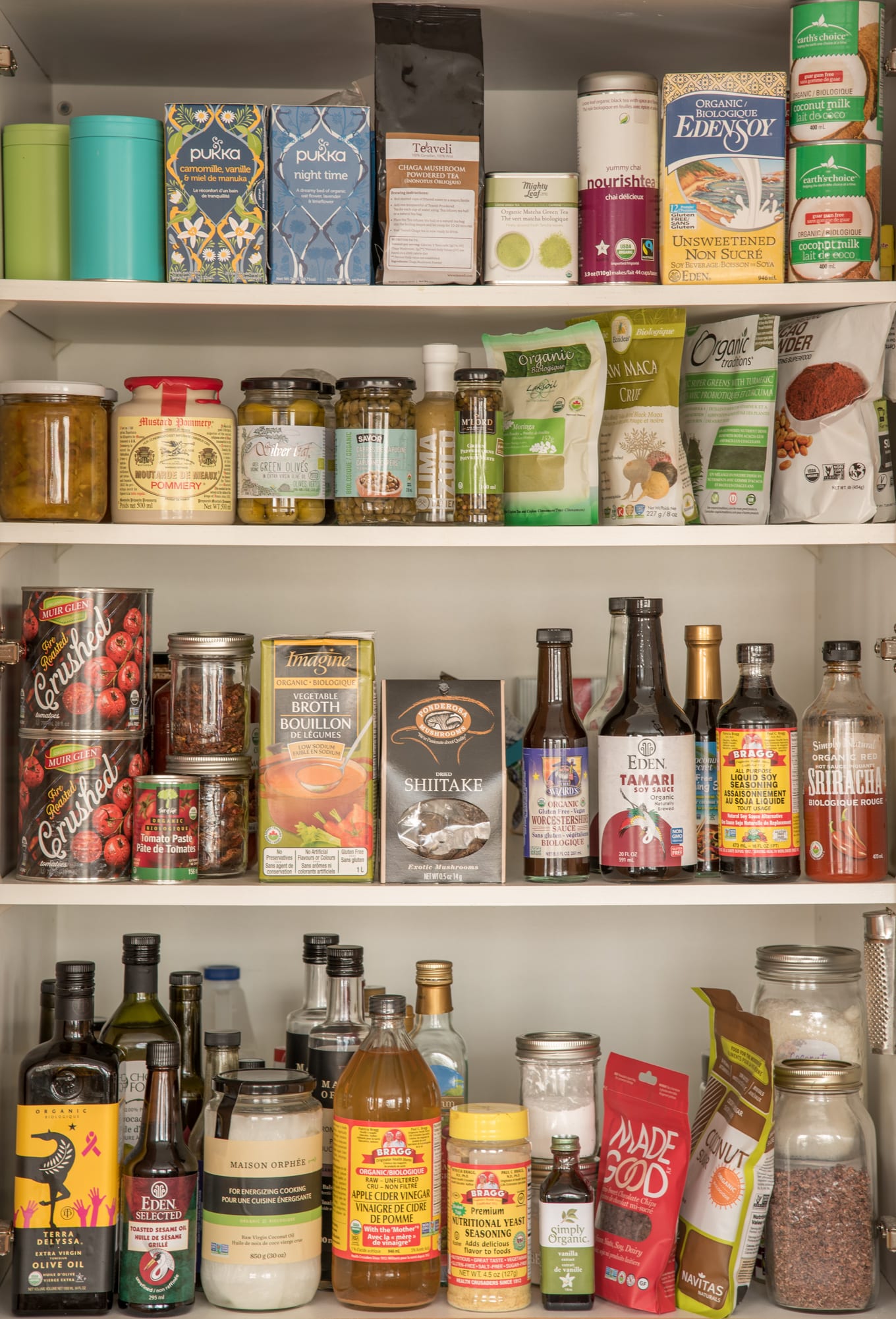 pantry stocked with plant-based items in bottles boxes and bags