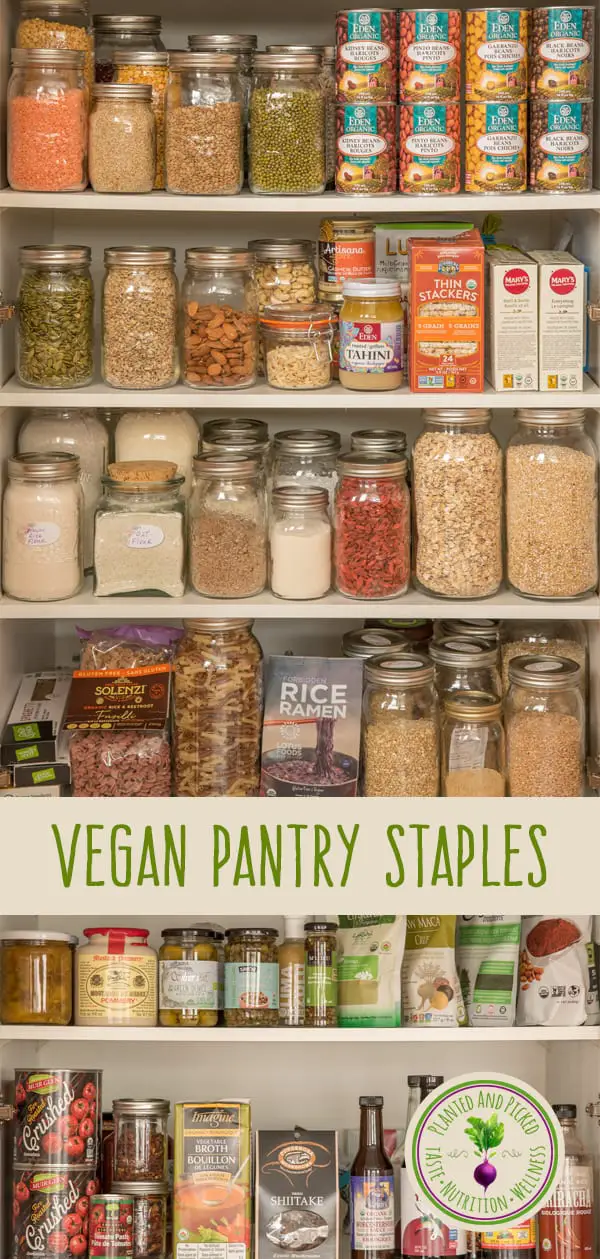 whole foods plant-based pantry staples on pantry shelves