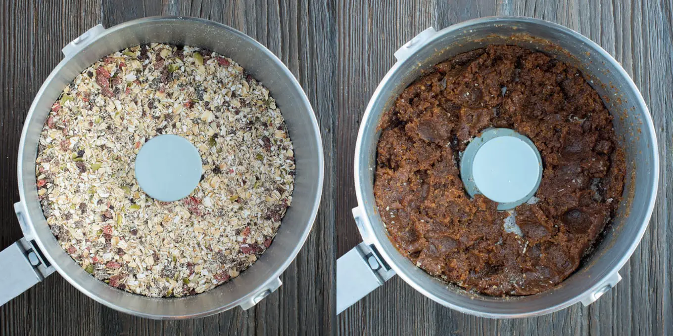 Two food processor bowls - one with dry ingredients and one with wet ingredients