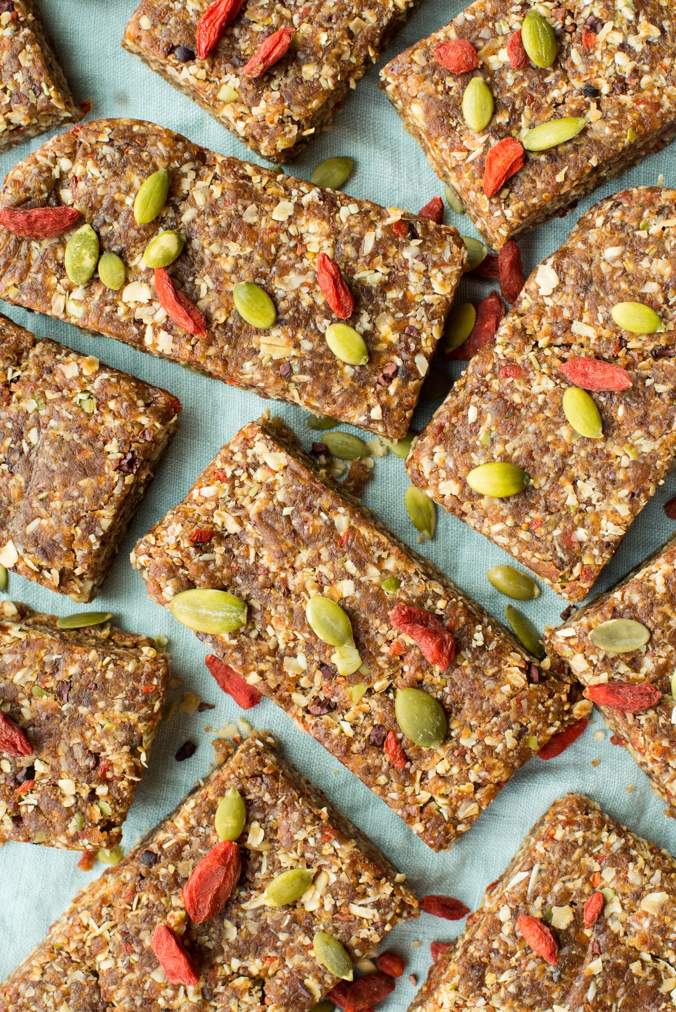 no-bake granola bars on turquoise napkin