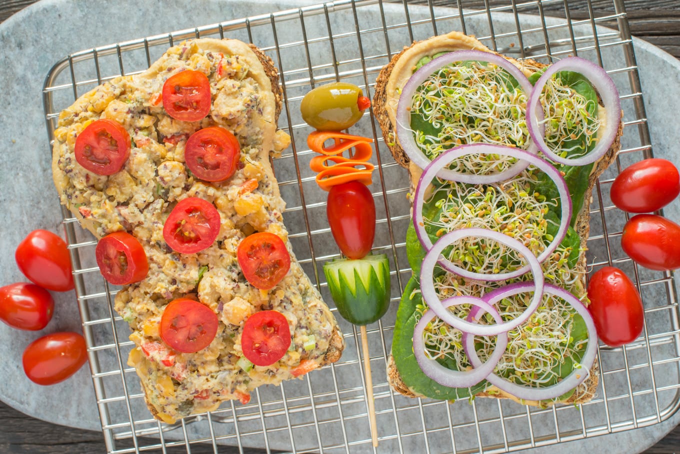 open face vegan chickpea tuna sandwich on wire rack