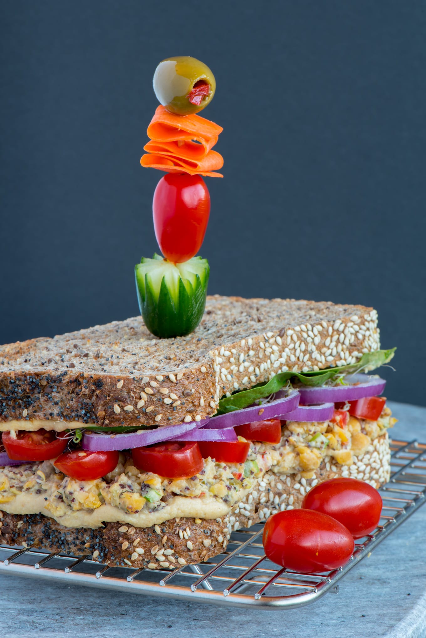 vegan chickpea tuna sandwich on wire rack