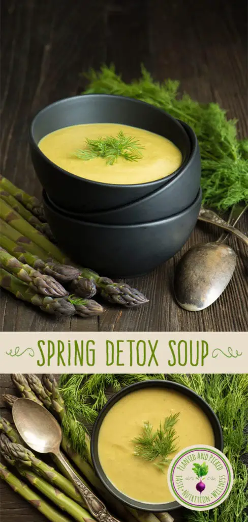 spring detox soup in bowl next to spoons, dill weed and asparagus