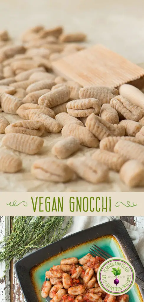 formed tender vegan gnocchi on parchment and cooked gnocchi in tomato sauce on plate - pinterest image