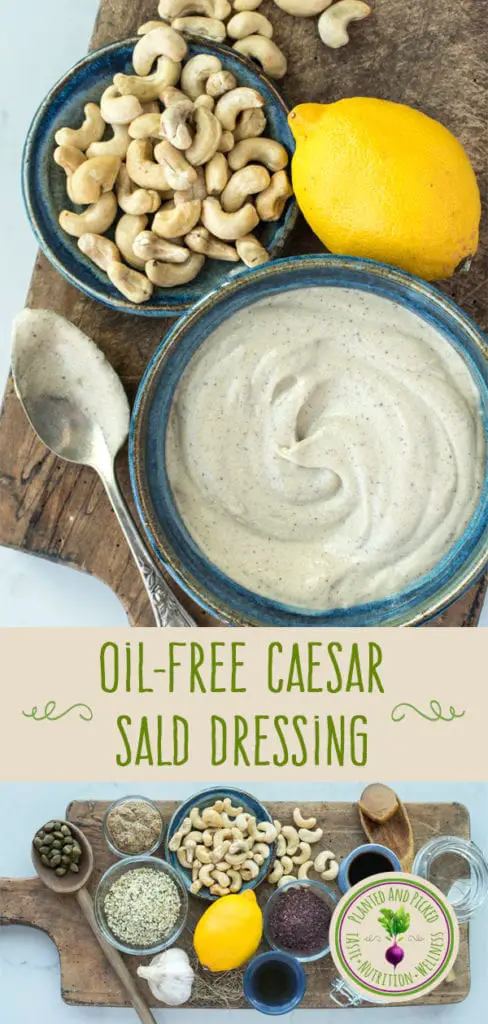 oil-free caesar salad dressing in bowl and ingredients on cutting board pinterest image