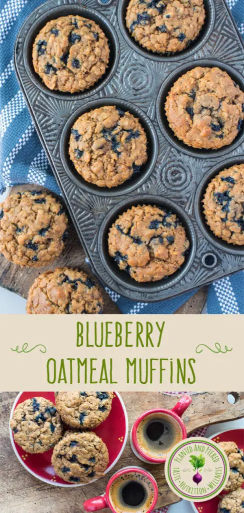 blueberry oatmeal muffins in muffin tin and on plates - pinterest image