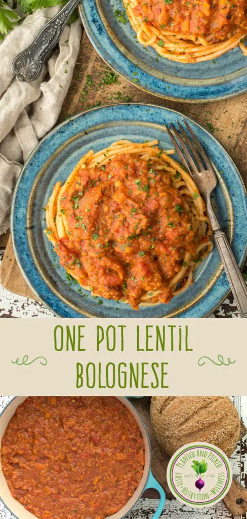 lentil bolognese on spaghetti on plates and in pot - pinterest image