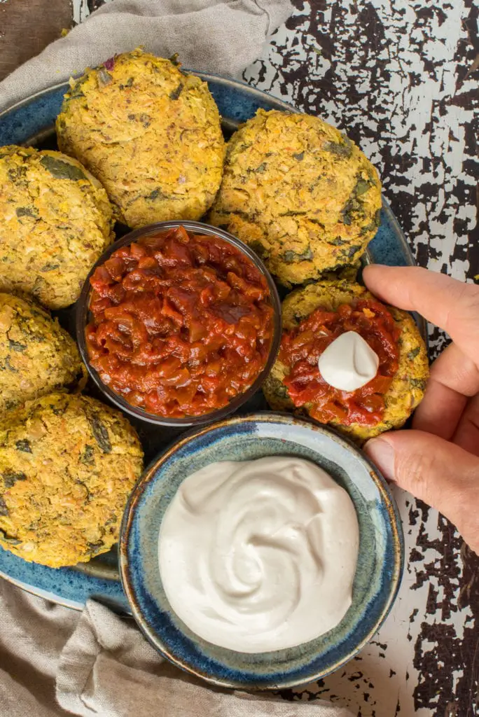 indian spiced tomato chutney and white bean and artichoke patties