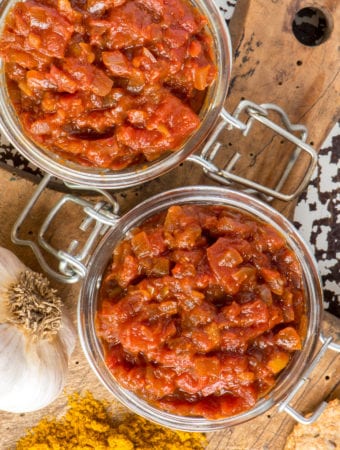 indian spiced tomato chutney in jars