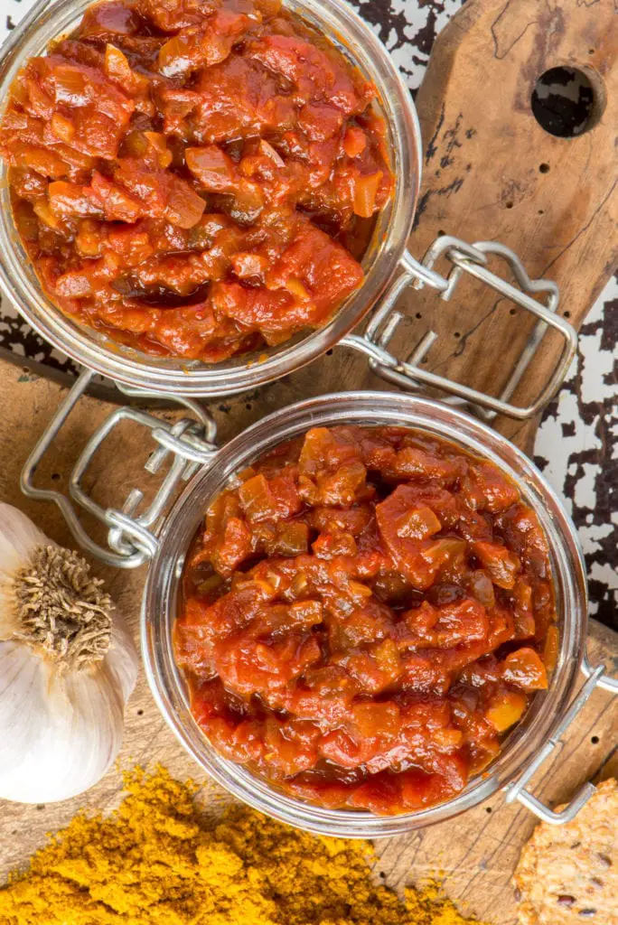 indian spiced tomato chutney in jars