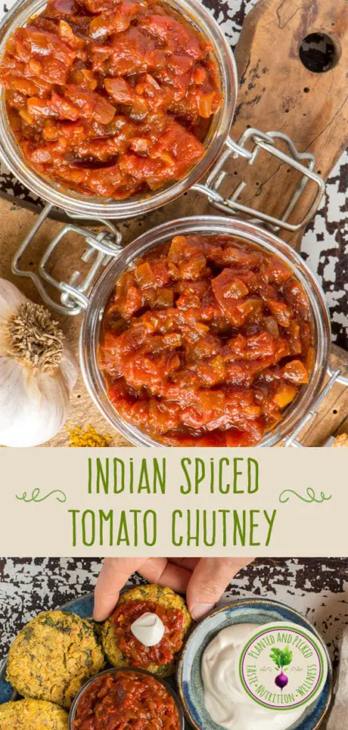 indian spiced tomato chutney in jars - pinterest image