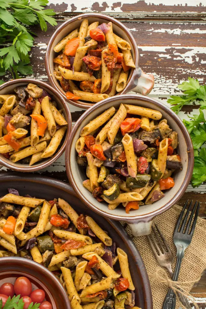 ratatouille pasta salad in bowls