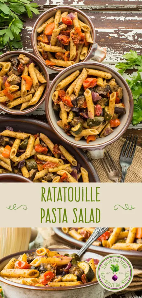 ratatouille pasta salad in bowls - pinterest image