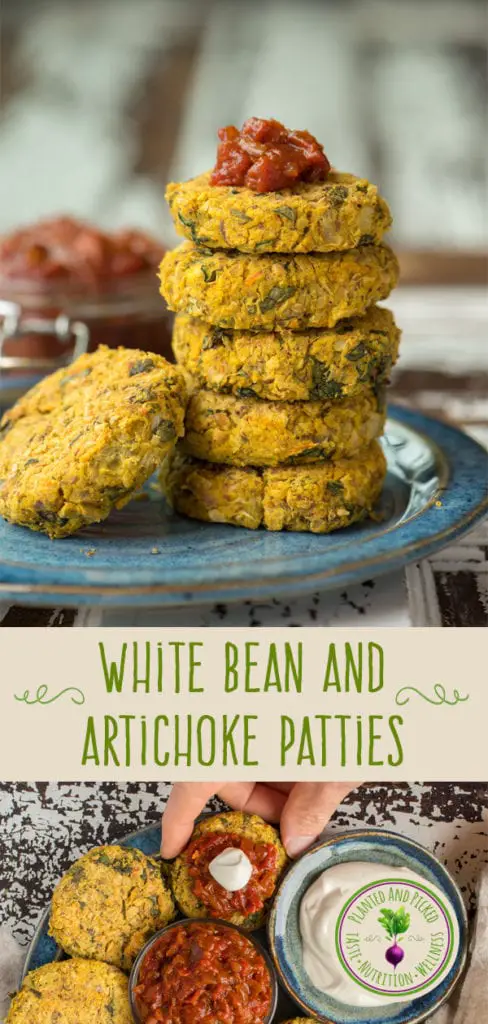white bean and artichoke patties on plate - pinterest image