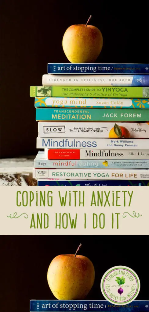 coping with anxiety books in stack - pinterest image