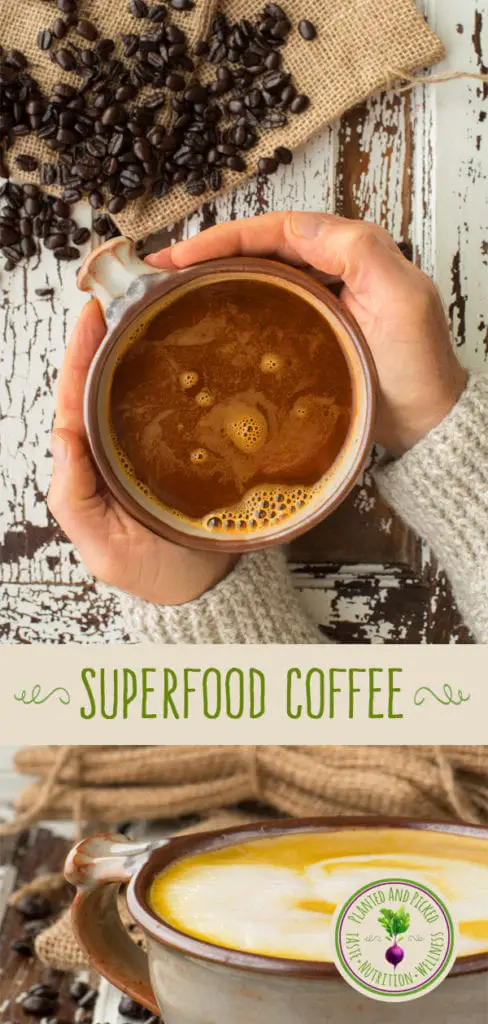 superfood coffee in cup held by hands - pinterest image