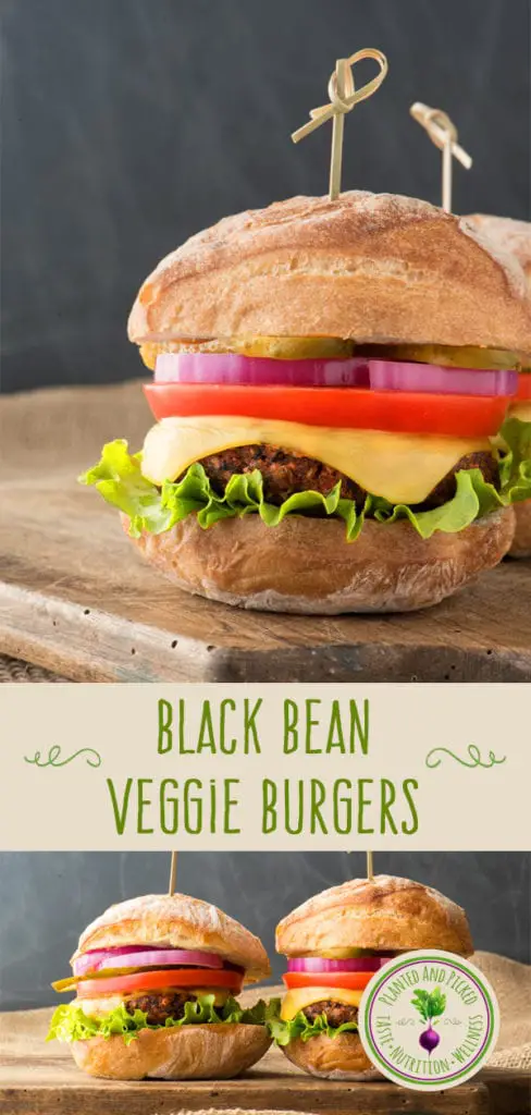 black bean veggie burgers on cutting board - pinterest image