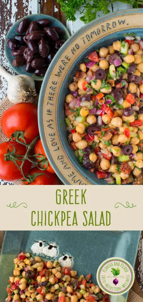 greek chickpea salad in bowl and on plate - pinterest image