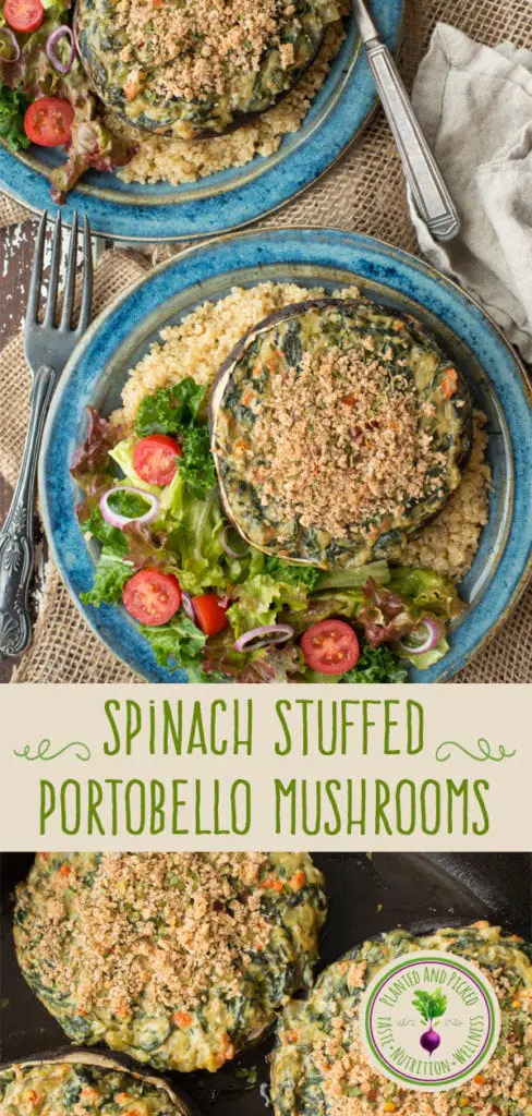 spinach stuffed portobello mushrooms on plates and in pan - pinterest image