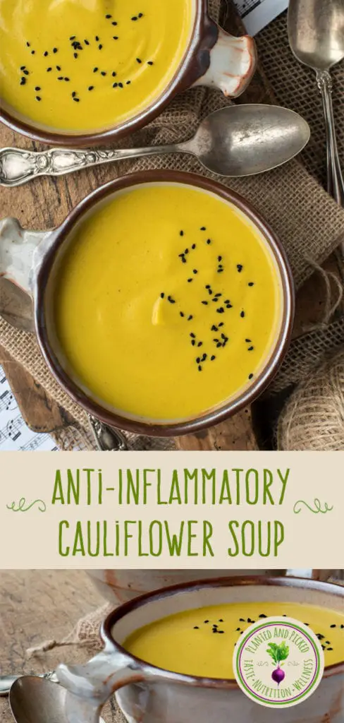 anti-inflammatory cauliflower soup in bowls - pinterest image