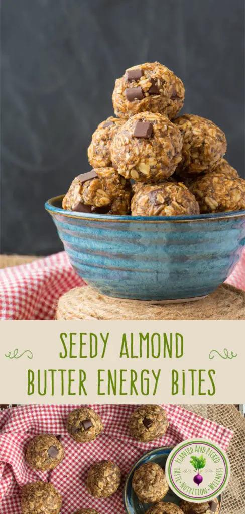 seedy almond butter energy bites in pottery bowl and on plate and checked cloth - pinterest image