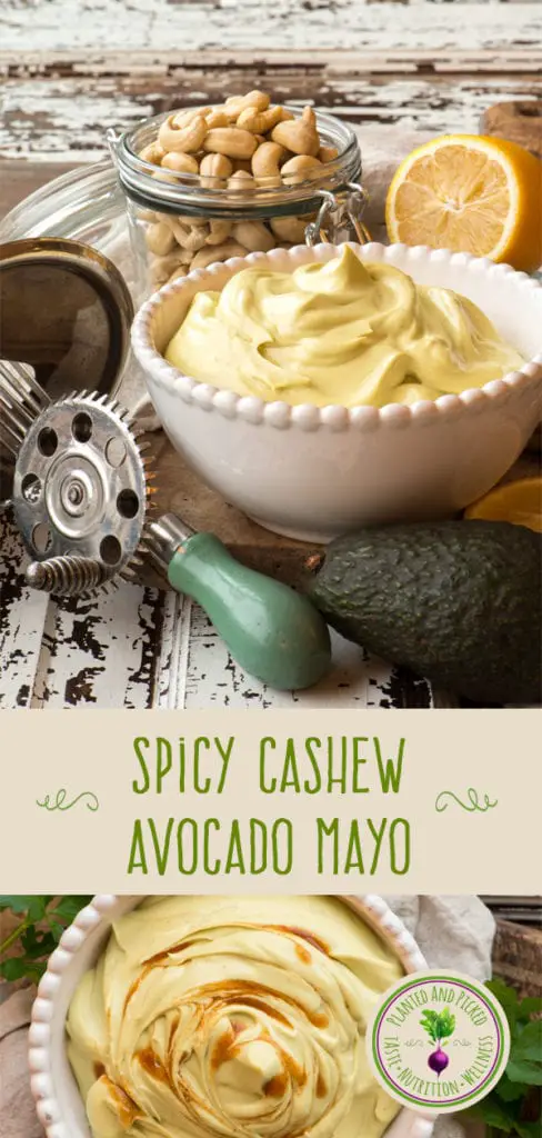spicy cashew avocado may in bowls - pinterest image