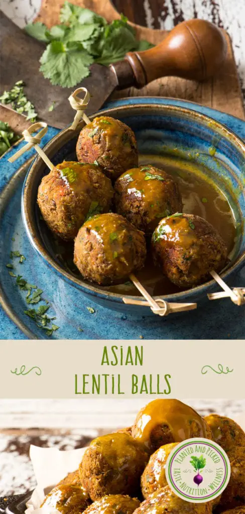 asian lentil balls on skewers in bowl - pinterest image