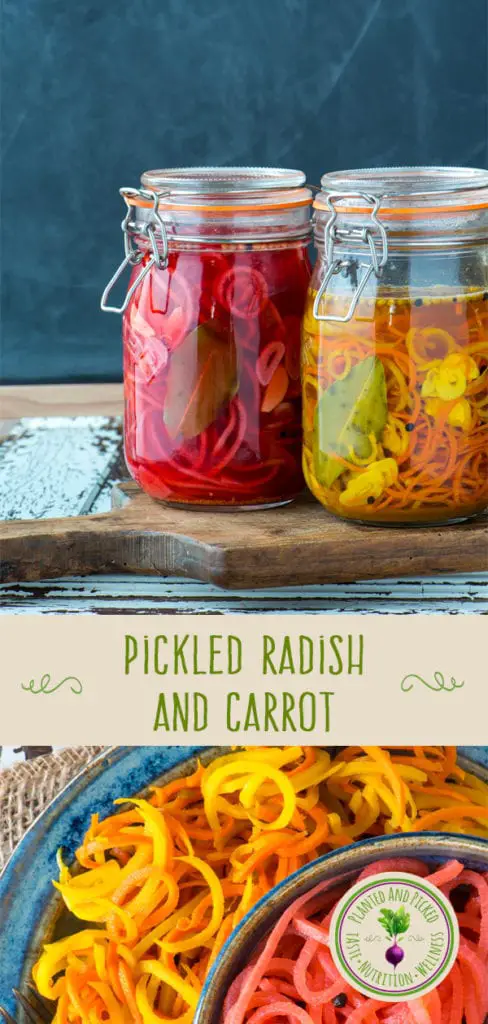 pickled radish and carrot in jars and on plates - pinterest image