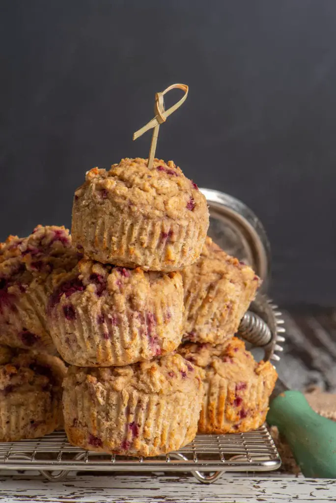 banana raspberry muffins on cooling rack