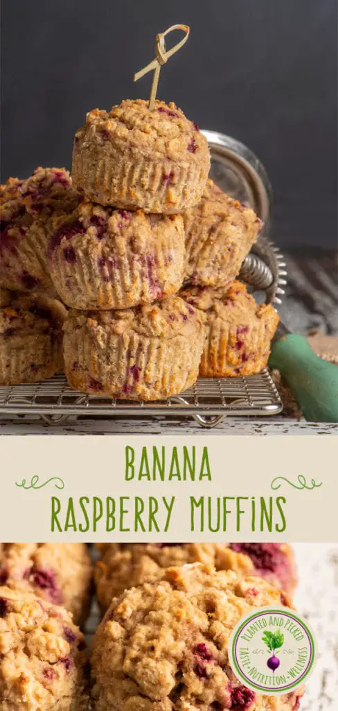 banana raspberry muffins on cooling rack - pinterest image