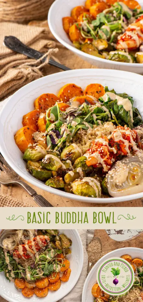 basic buddha bowl with vegetables and quinoa in bowls - pinterest image