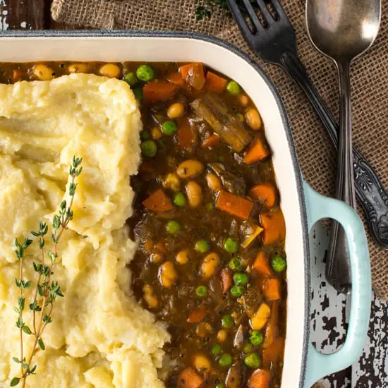 hearty vegetable shepherds pie in pan