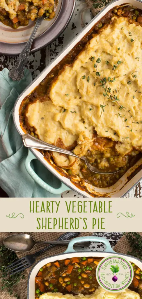 hearty vegetable shepherd's pie in pan and on plate - pinterest image